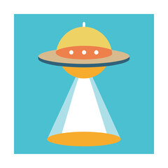 Flat illustration of a cartoon ufo flying with a bright beam of light on a blue background
