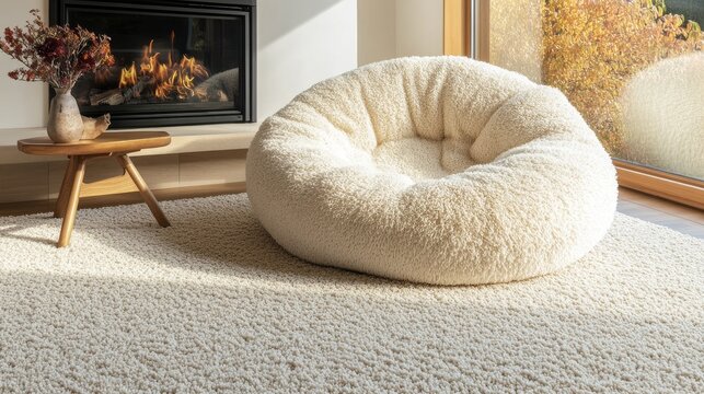 Cream-colored, plush beanbag chair in a modern living room.
