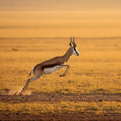 A springbok leaps through open plains, hooves lifted high above golden earth glowing in wide morning light.