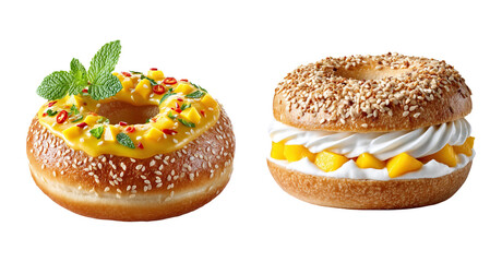 Bagel with yellow sauce, fresh mango pieces, and mint leaves, and bagel sandwich with cream and mango slices, both topped with
