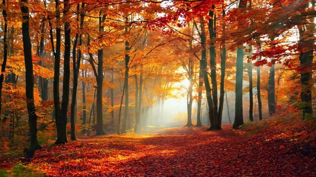 Sunlight filtering through colorful autumn trees in a forest with golden and orange leaves carpeting the ground, creating a peaceful, scenic, and romantic seasonal woodland scene