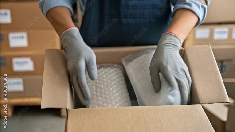 Poster Warehouse worker packing two items wrapped in bubble wrap into cardboard box