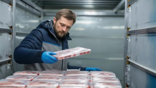 Food industry worker handling packaged meat products in refrigerated truck