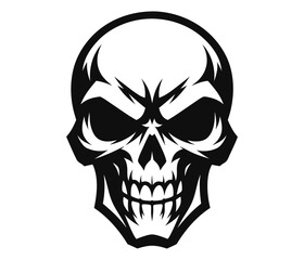 Obraz premium Intense black and white skull silhouette with aggressive expression. Clipart image isolated on background.