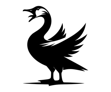 Black silhouette of angry goose with open beak and raised wings. Clipart image isolated on background.