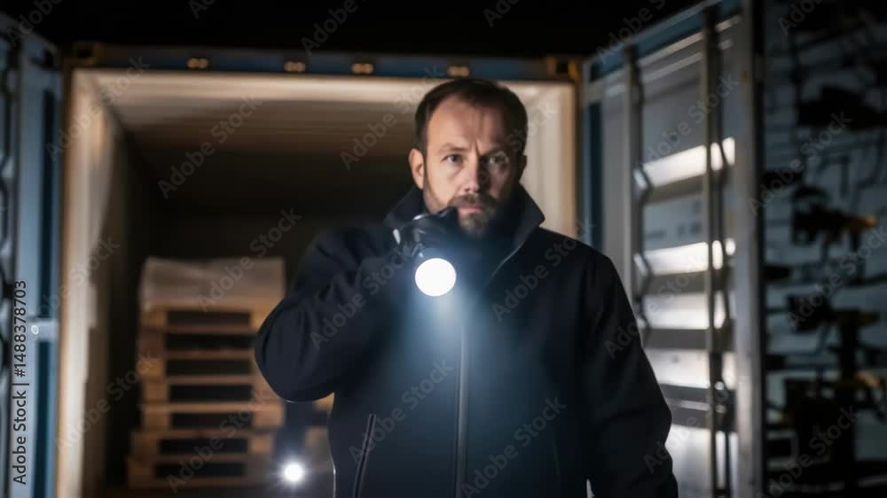 Poster security guard holding flashlight inside shipping container