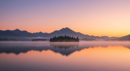 Island with trees in a lake reflecting mountains at sunrise or sunset.