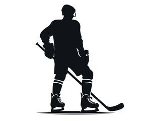 Silhouette of male hockey player standing with stick on ice rink. Clipart image isolated on background.