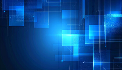 Fototapeta premium Abstract digital design featuring blue geometric shapes and glowing lines against a dark background, creating a modern, tech-inspired aesthetic