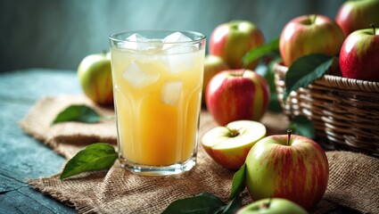 Fototapeta premium An overhead shot of a glass filled with freshly squeezed juice accompanied by ripe apples