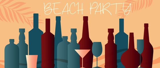 Design poster for a bar, drink party on the beach, collection of bottles and glasses, against the background of palm trees. Drinking wine, cocktail, chardonnay, merlot, whiskey, flat design