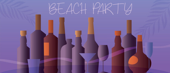 Beach party poster design, alcohol bottle collection, glasses, cocktail, white wine, cabernet. Vector illustration menu, wine list, chardonnay, brandy, rum, booze strong alcohol