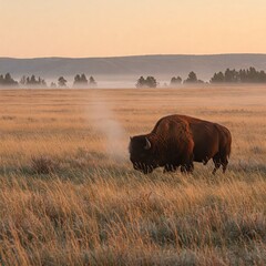 A bison grazes alone on golden prairie grass, its breath steaming gently beneath the cool calm of sunrise silence.