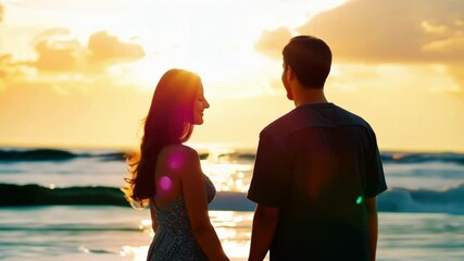 Romantic couple in silhouette against golden sunset at beach. Facing each other in warm orange light creating dreamlike atmosphere with gentle waves rolling behind them. - Powered by Adobe