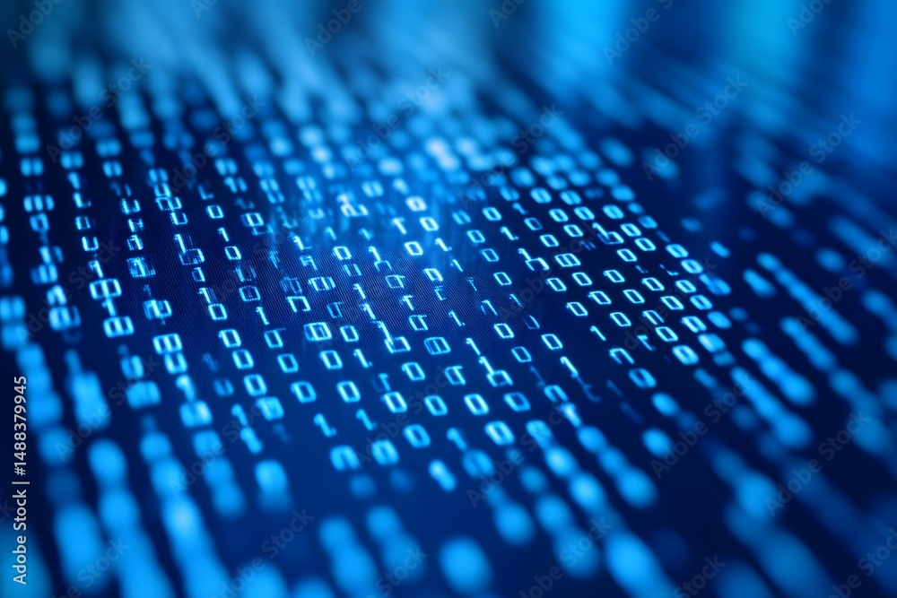 Wall mural digital binary code flowing on a dark blue screen in technology concept