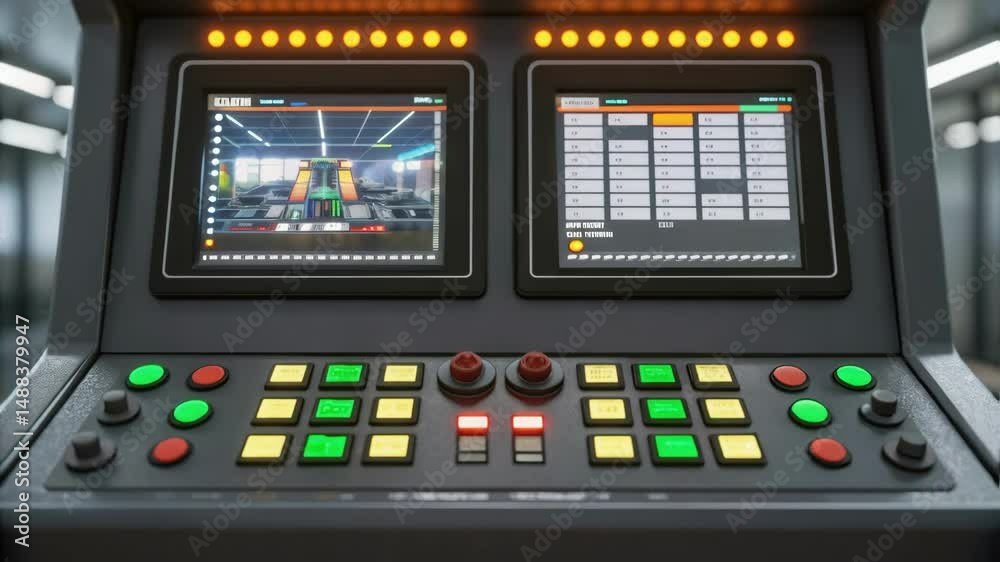 Poster control panel showing changing status lights and surveillance footage