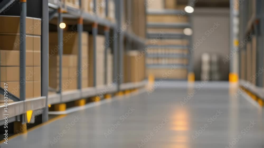 Poster autonomous mobile robot moving through warehouse aisles