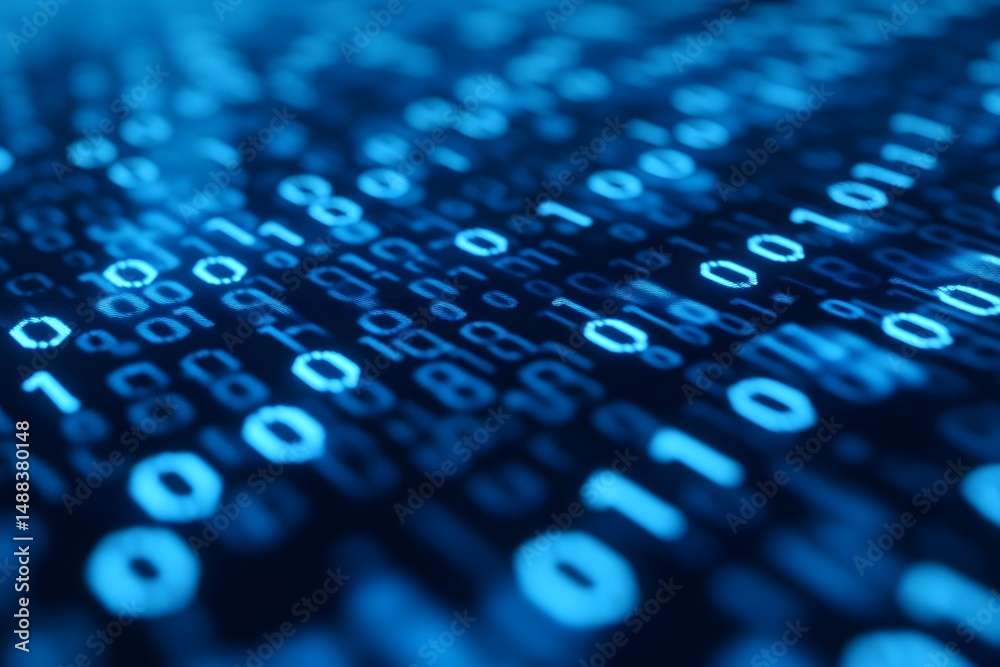 Wall mural digital binary code glowing in blue representing data and technology concept