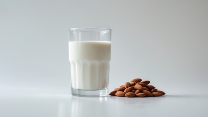 Fresh almond milk in a glass with almonds, highlighting a natural, healthy, and vegan dairy alternative on a plain background.