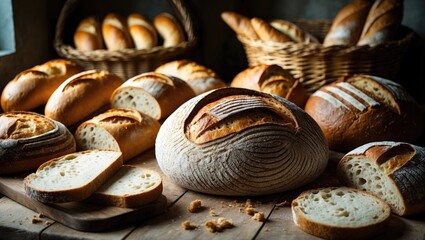 Assortment of sourdough bread on a wooden surface, artisan loaf of bread.