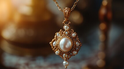 Elegant pearl pendant necklace shimmering in golden light, timeless beauty