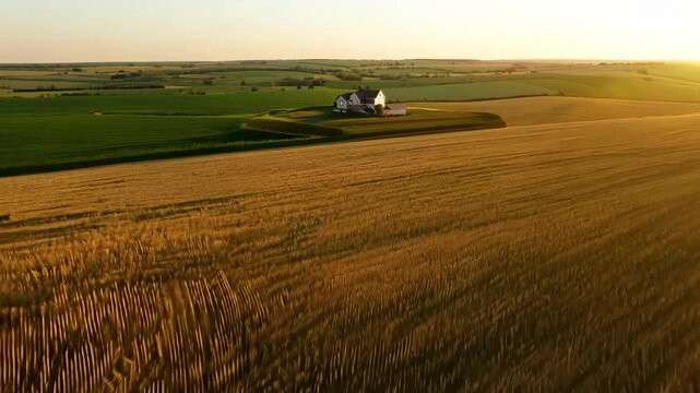 A wide golden farmland with neat crop patterns and a small farmhouse in the middle, captured under the warm sunset light showing the beauty of countryside agriculture
