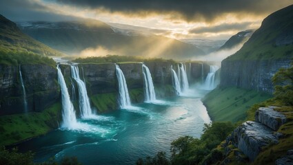 Fototapeta premium Gorgeous panorama of the seven sisters waterfall alongside the fjord.