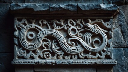 Old Peruvian stone design with Inca texture and symbolism on a doorway lintel