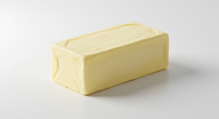 Smooth pale yellow butter block sits brightly lit against white background. AI Generated