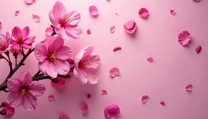 Bold pink sakura, scattered petals, minimalist style, bold, scattered