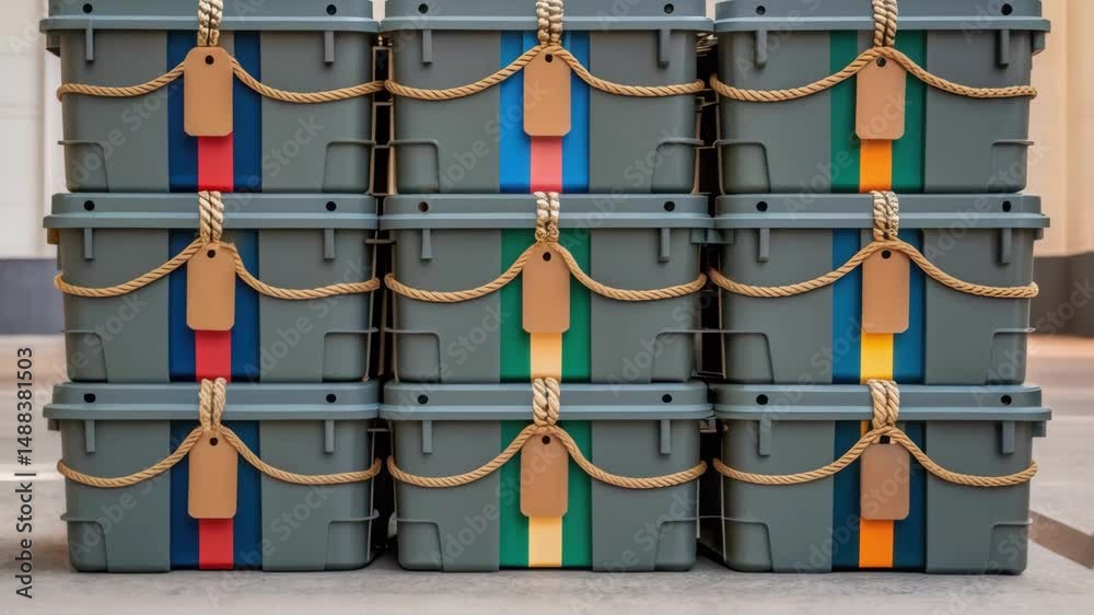 Poster identical gray plastic cases with colored stripes and rope tied around them