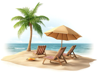 Relaxing Beach Scene with Lounge Chairs and Umbrella