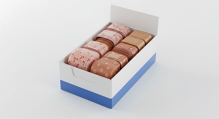 Obraz premium Neatly arranged pastel gift boxes sit inside a clean display box illuminated by soft natural light.. AI Generated