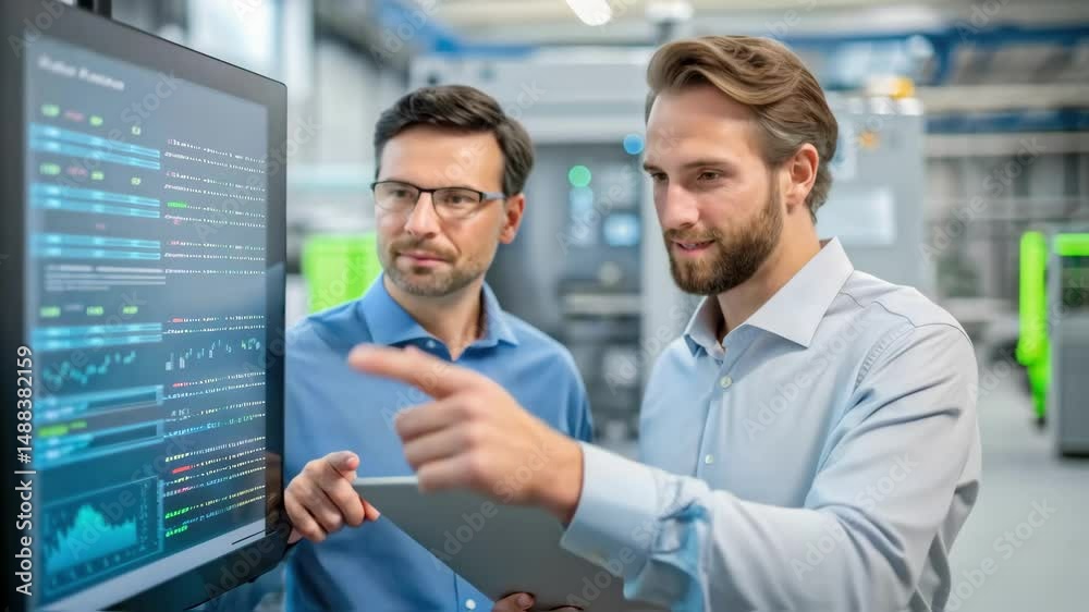 Aufkleber Engineers analyzing data on a digital display in a factory