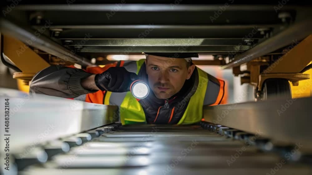 Poster engineer inspecting undercarriage of train with flashlight