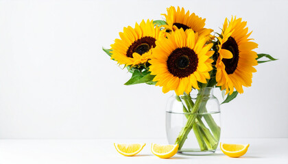 Obraz premium the scene captures a collection of radiant yellow flowers displayed in a transparent glass vase filled with water