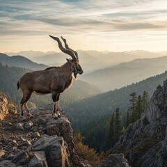 Fototapeta premium A markhor stands tall on rocky ledges, spiral horns reaching skyward through morning clouds above distant pine valleys.