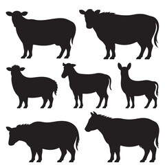 Farm Animal Silhouettes Collection Black and White, Cattle Cows Goats and Bulls Farm Animals