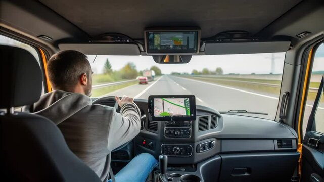 Professional driver navigating highway in modern van using gps system