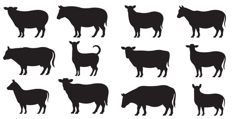 Farm Animal Silhouettes Collection Black and White, Cattle Cows Goats and Bulls Farm Animals