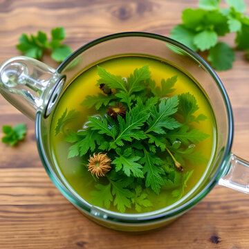 A decoction of nettle leaves in a teapot stands on a wooden table.