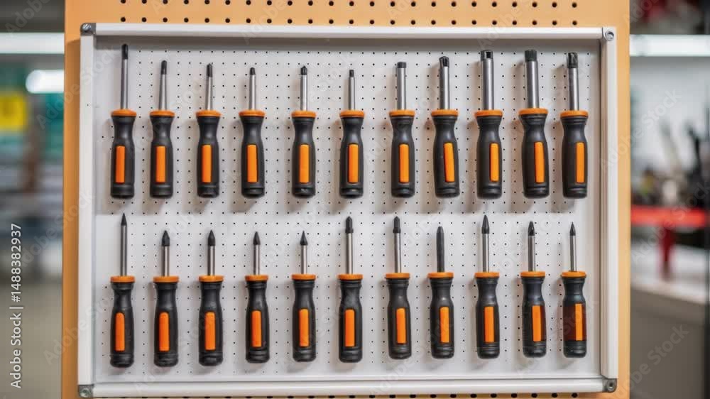 Poster Multiple identical sets of screwdrivers hanging on pegboards in hardware store