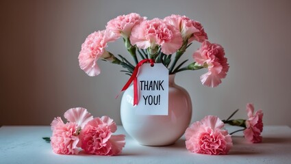 Thank you card adorned with pink blooms and floral decor in a rustic room
