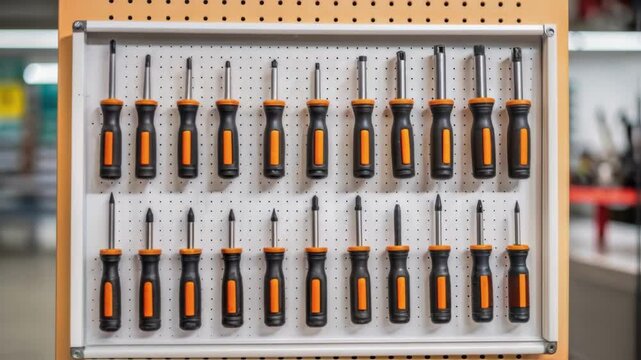 Multiple identical sets of screwdrivers hanging on pegboards in hardware store
