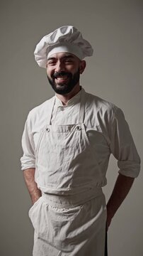 Chef cuisinier souriant en tenue blanche dans un studio neutre

