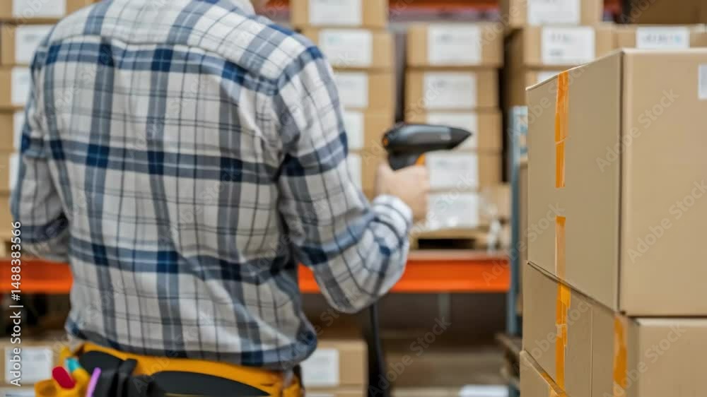 Poster warehouse worker scanning packages with barcode scanner