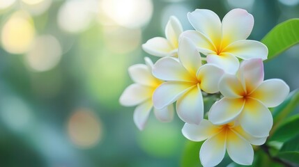 Fototapeta premium Exquisite Frangipani Flowers Displaying Delicate Petals and Vibrant Colors in Soft Light