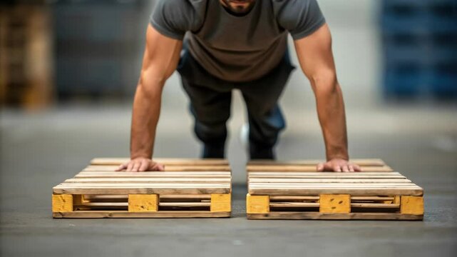 Determined warehouse worker performing push ups on wooden pallets