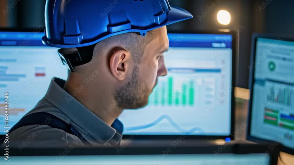 Poster Engineer monitoring graphs on computer screens in control room