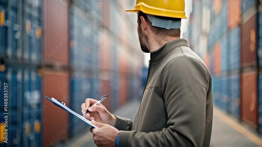 Poster logistics supervisor inspecting cargo containers and taking notes on a clipboard